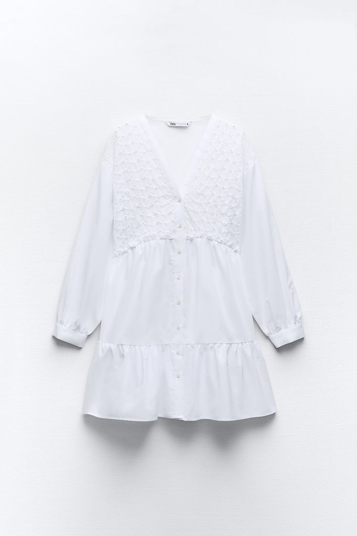 Robe popeline broderie suisse col V**