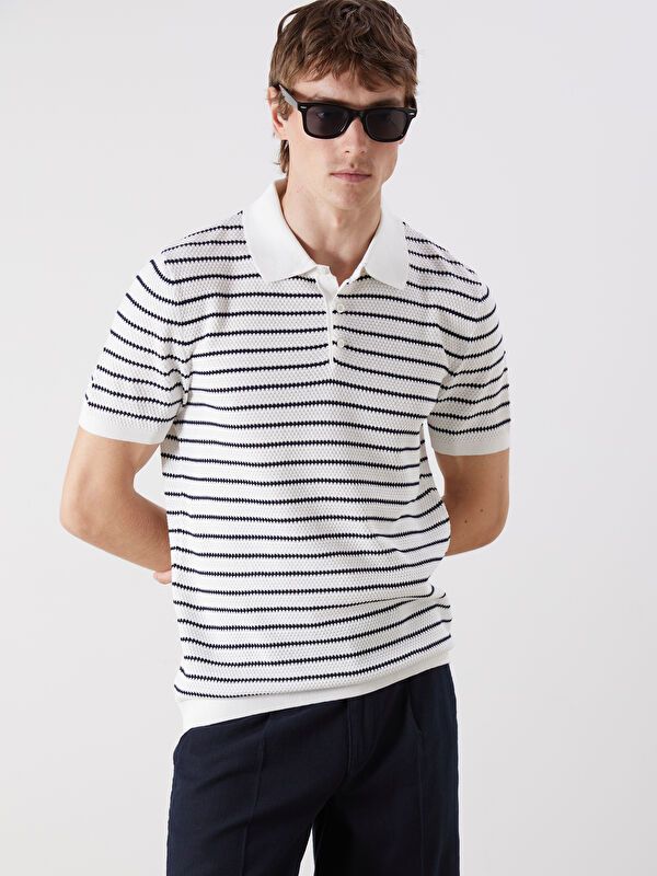 Moudda LC Waikiki - Pull tricot manches courtes Homme Ecru rayé - Tunisie 1