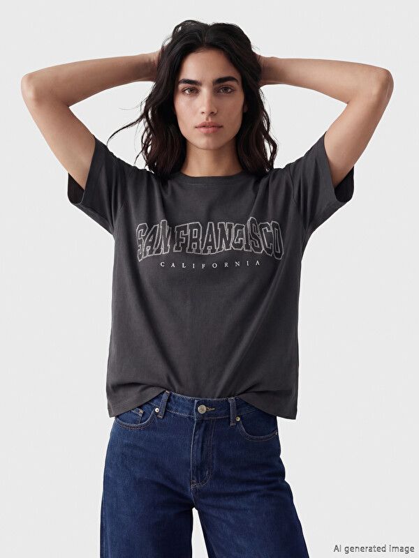 Moudda LC Waikiki - Body imprimé manches courtes en jersey pour Femme couleur Anthracite - Tunisie 1