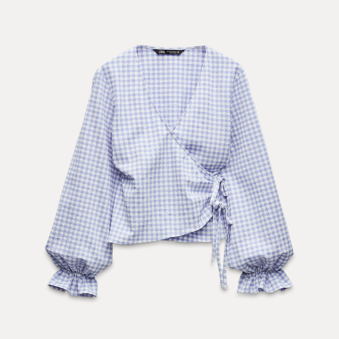 Moudda ZARA - Blouse vichy bleue croisée manches longues - Tunisie 1