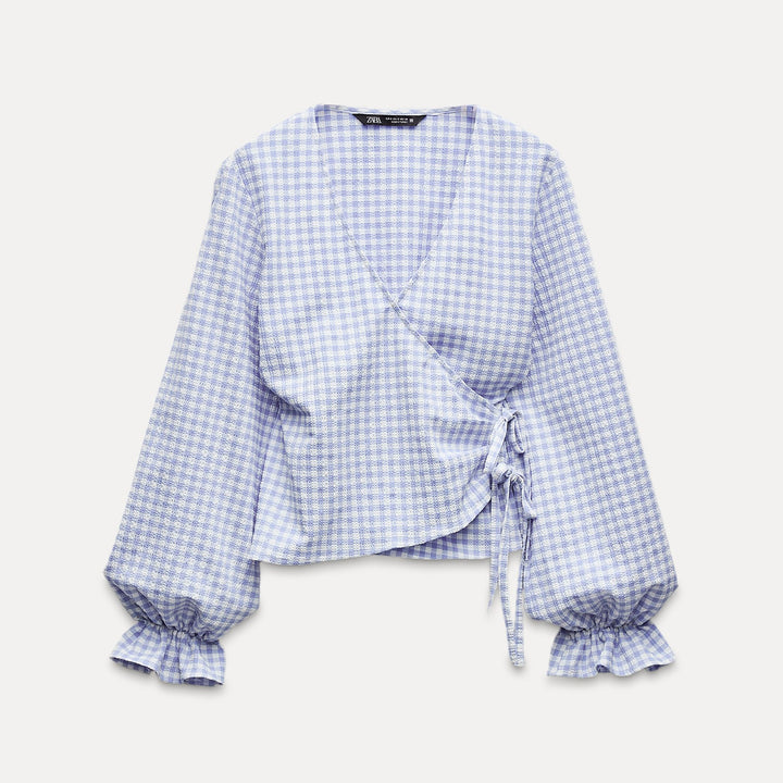 Moudda ZARA - Blouse vichy bleue croisée manches longues - Tunisie 1