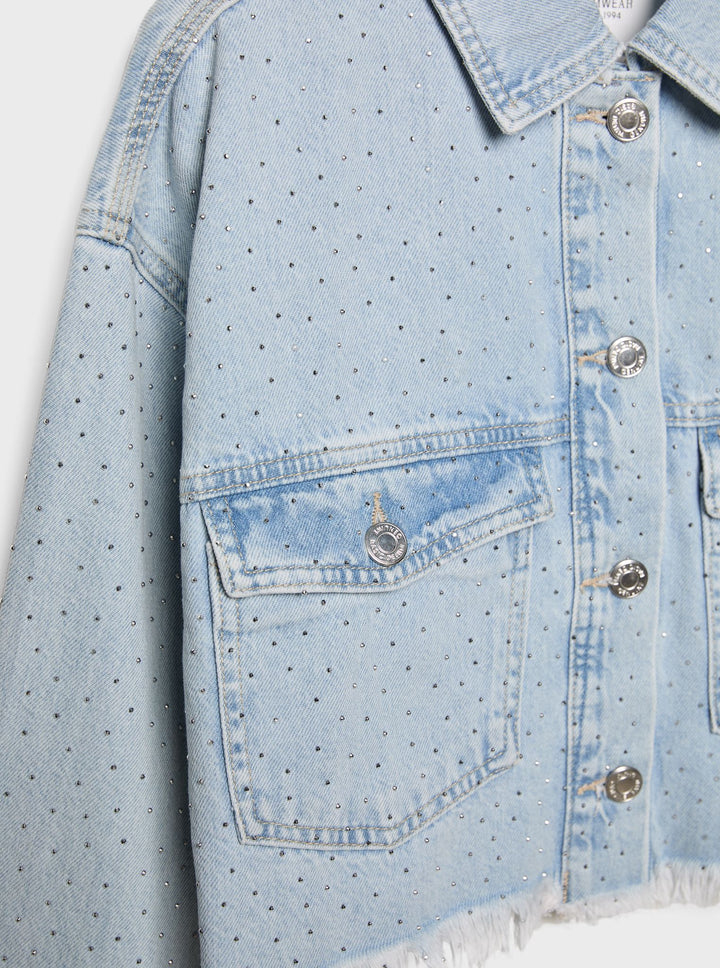 Moudda STRADIVARIUS - Veste en Denim Crop Bords Bruts et Brillants - Tunisie 3