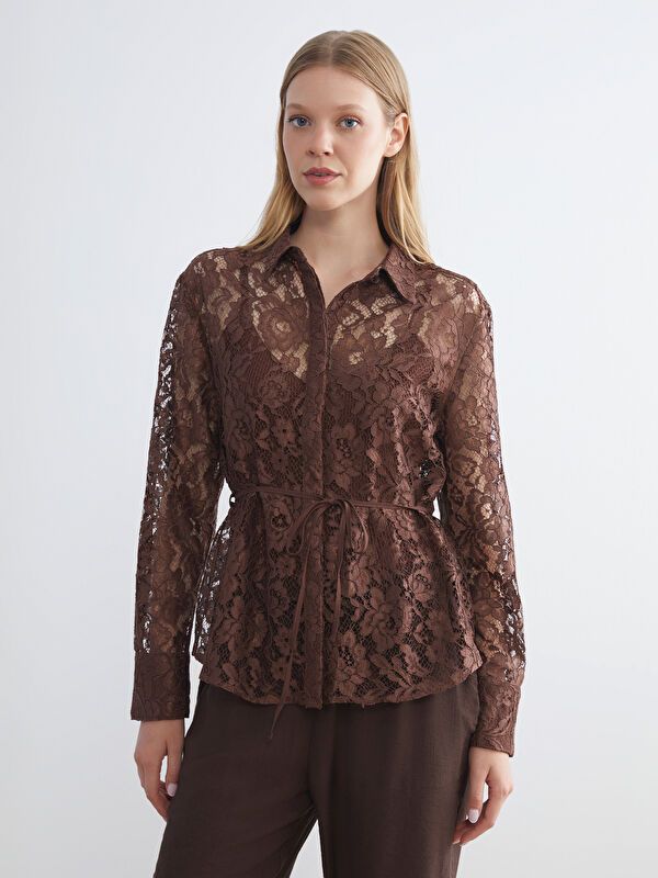 Moudda LC Waikiki - Chemise tissée manches longues Femme Brun - Tunisie 1