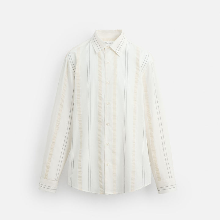 Moudda ZARA - Chemise - Rayures Fond Écru & Col Sans Bouton (Evergreen) - Tunisie 1