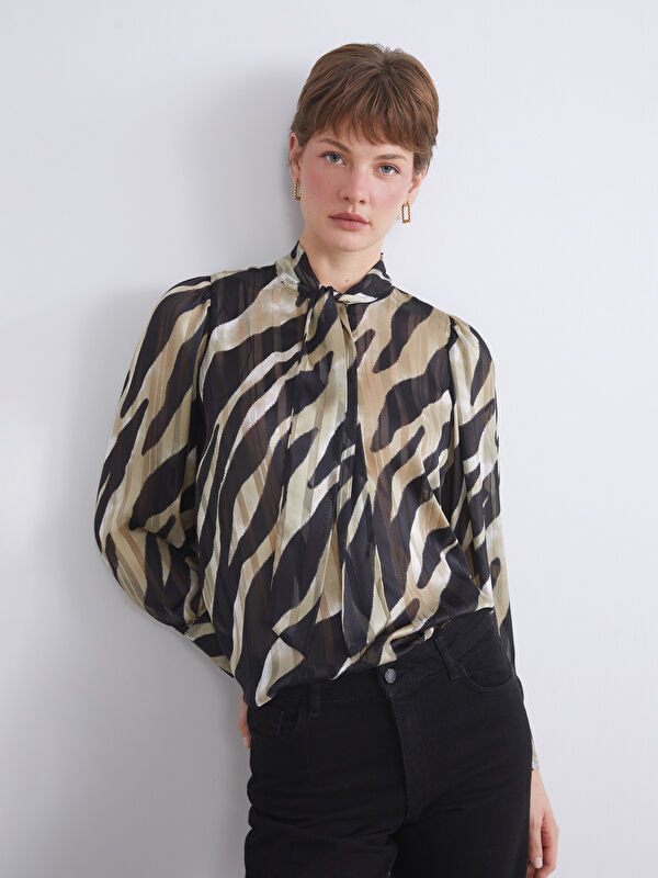 Moudda LC Waikiki - Blouse tissée imprimée manches longues Femme Imprimé beige - Tunisie 1