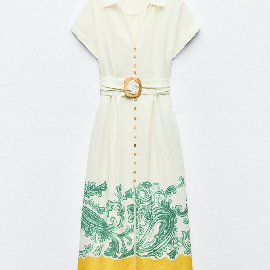 Moudda ZARA - Robe chemise lin/viscose manches courtes motif grec ourlet - Tunisie 2