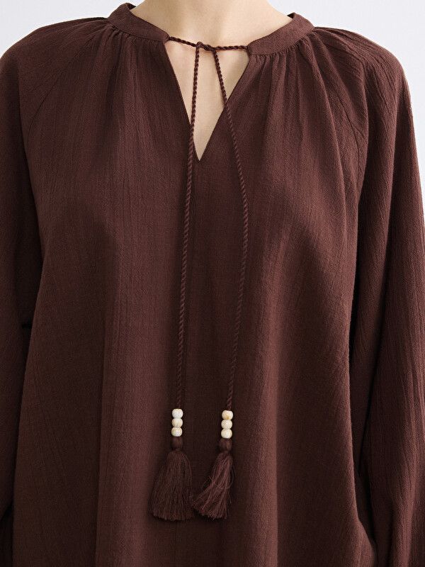 Moudda LC Waikiki - Chemisier (blouse) manches longues en tissu pour Femme couleur Marron chocolat - Tunisie 3