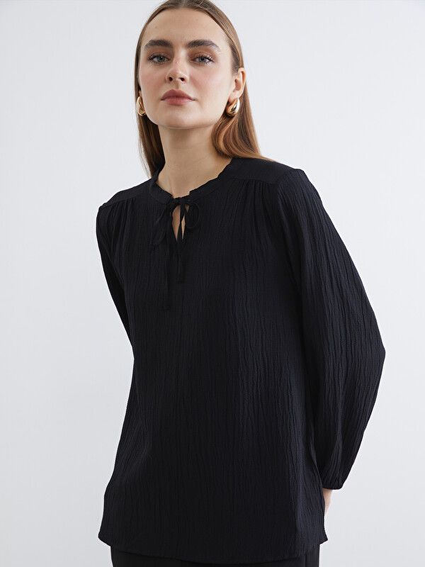 Moudda LC Waikiki - Chemisier (blouse) manches longues en tissu pour Femme couleur Noir - Tunisie 1