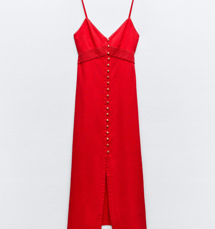 Moudda ZARA - Rouge – robe mi-longue lin/viscose fines bretelles boutons devant - Tunisie 1