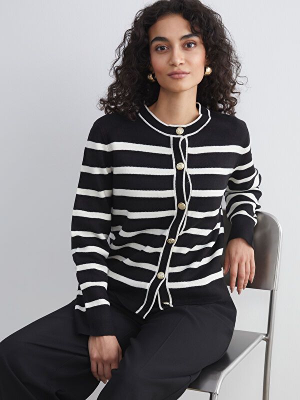 Moudda LC Waikiki - Cardigan en tricot Femme Rayures noires - Tunisie 1