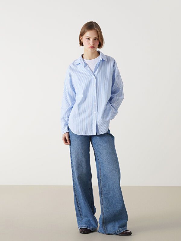 Moudda LC Waikiki - Chemise tissée manches longues Femme Bande bleu clair - Tunisie 2