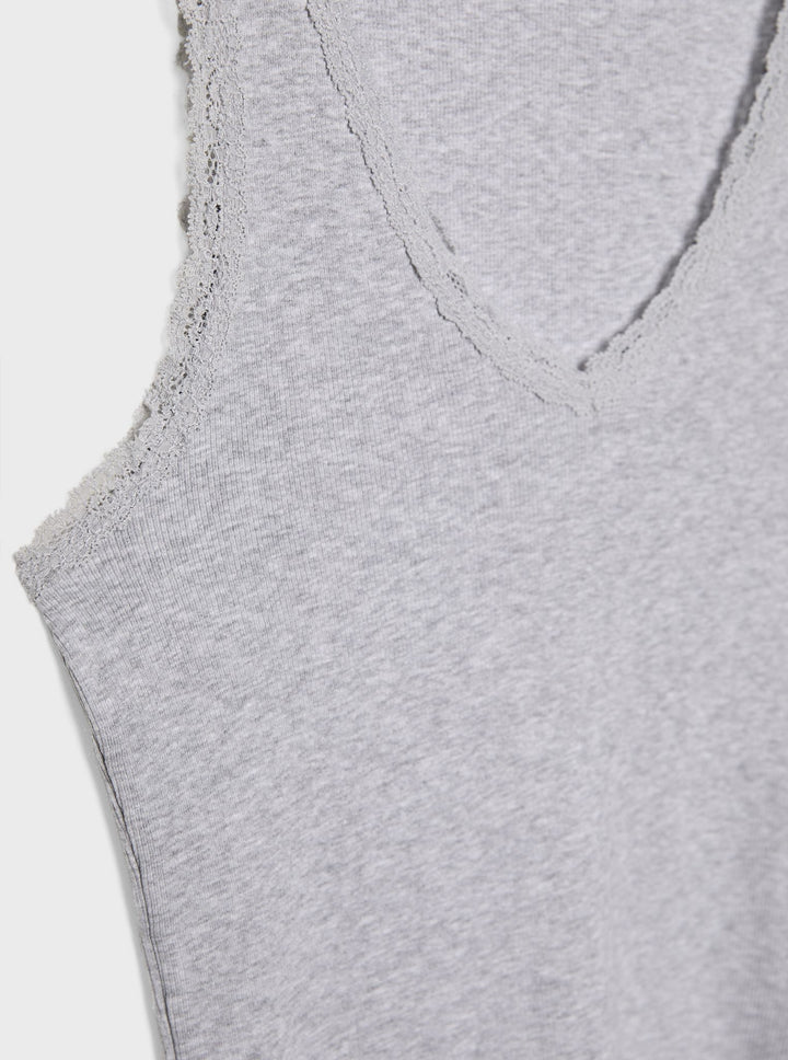 Moudda STRADIVARIUS - T-Shirt S/M Col V avec Dentelle Gris Chiné - Tunisie 4
