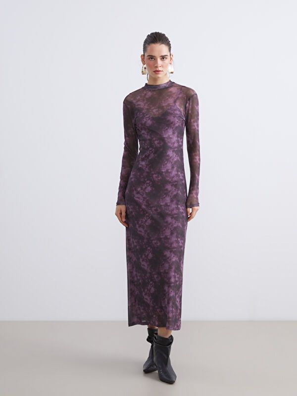 Moudda LC Waikiki - Robe en jersey manches longues Femme Imprimés bordeaux - Tunisie 1