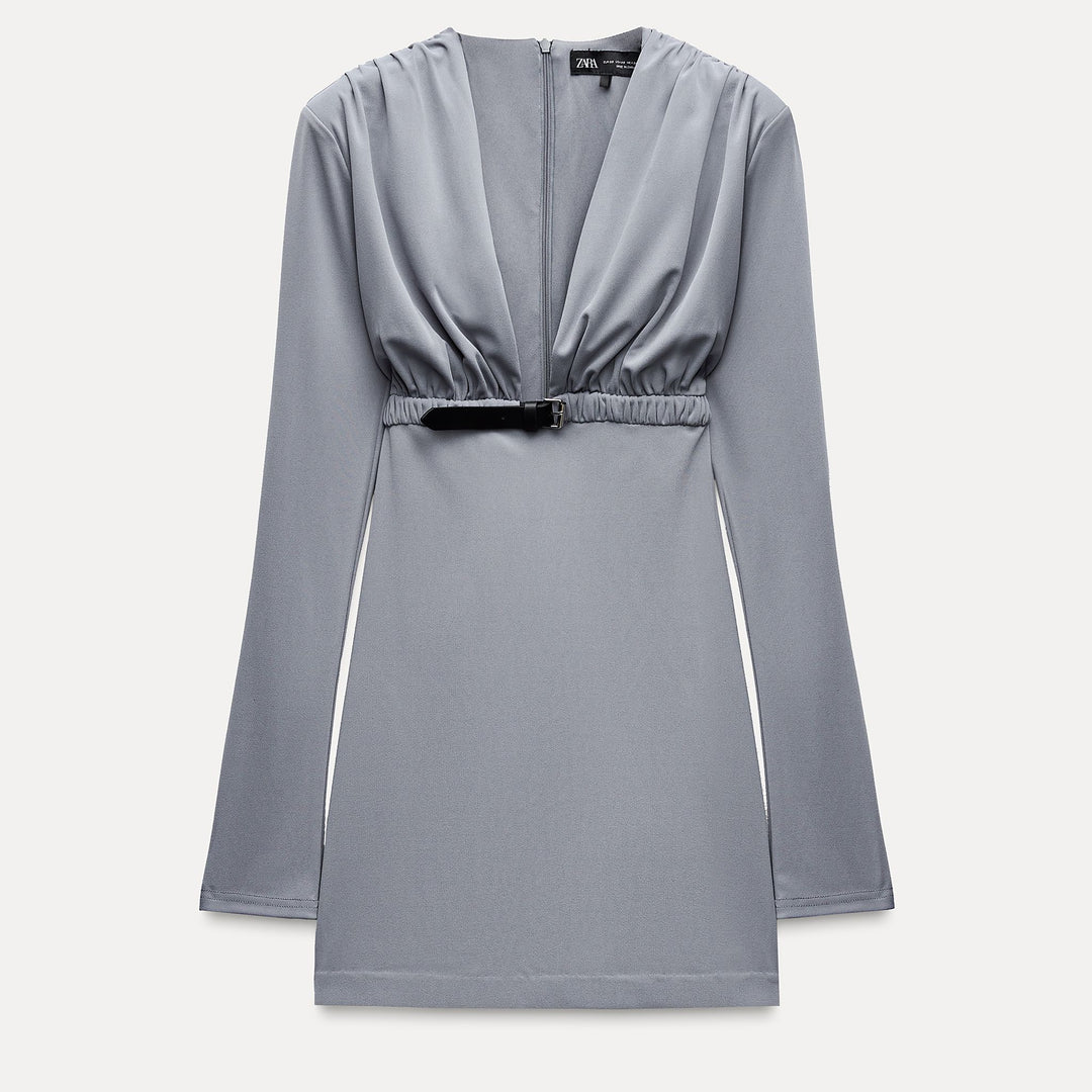 Moudda ZARA - Robe courte en maille, décolleté en V drapé, ceinturée - Tunisie 1