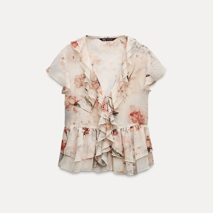 Moudda ZARA - Blouse imprimée floral romantique volants nœud manches courtes - Tunisie 1