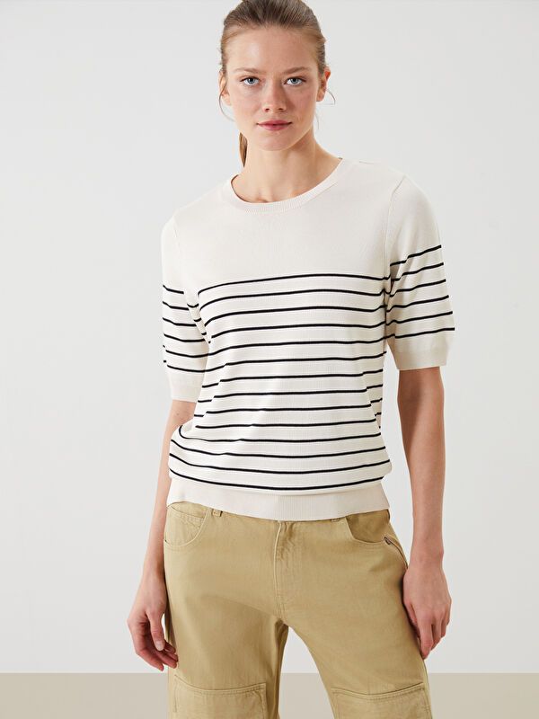 Moudda LC Waikiki - Pull tricot fin Femme Ecru rayé - Tunisie 1