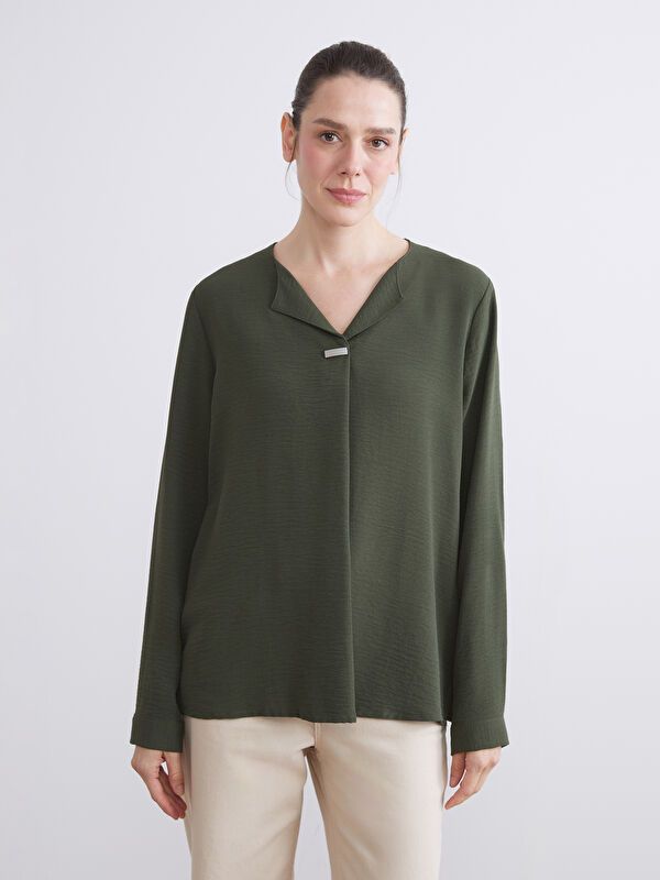 Moudda LC Waikiki - Blouse tissée manches longues Femme Kaki foncé - Tunisie 1