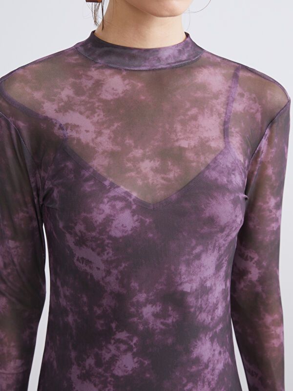 Moudda LC Waikiki - Robe en jersey manches longues Femme Imprimés bordeaux - Tunisie 3