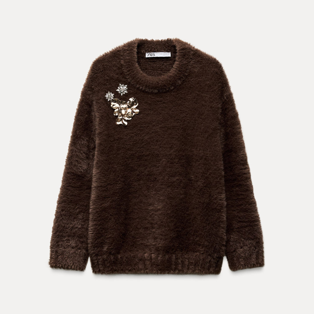 Moudda ZARA - Pull fausse fourrure broches fleurs - Tunisie 1