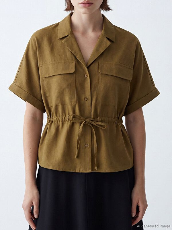 Moudda LC Waikiki - Chemise manches courtes en tissu pour Femme couleur Vert olive - Tunisie 3