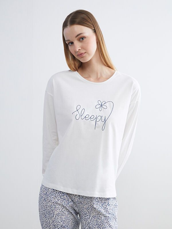 Moudda LC Waikiki - Pyjama en jersey manches longues Femme Imprimé écru - Tunisie 2