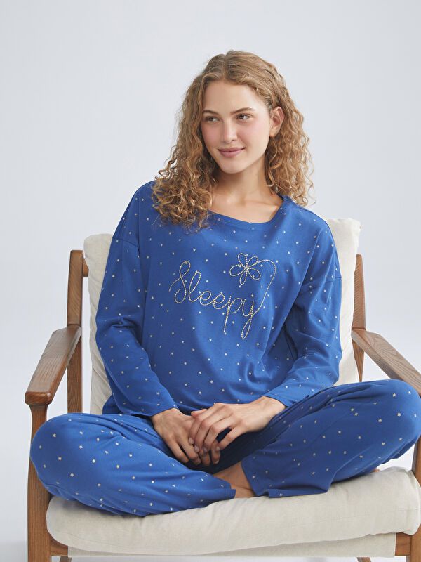 Moudda LC Waikiki - Pyjama en jersey manches longues Femme Impression bleu foncé - Tunisie 1