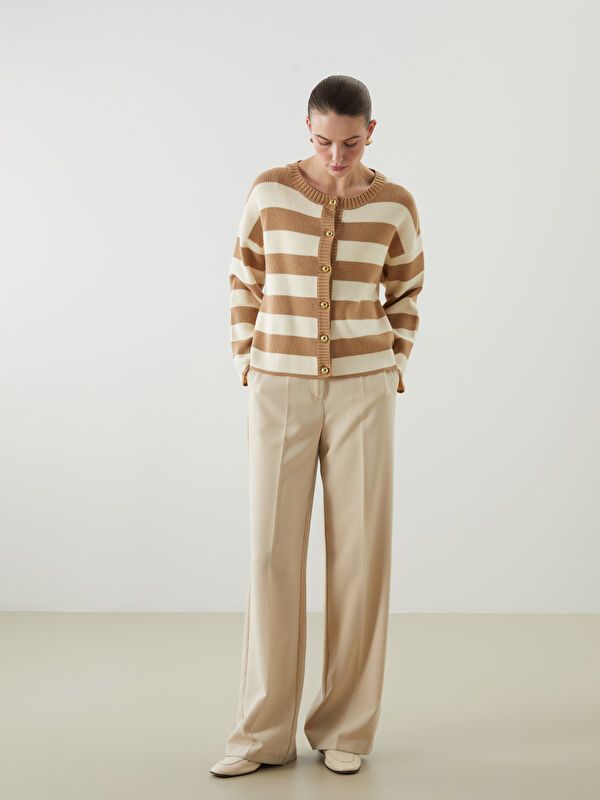 Moudda LC Waikiki - Cardigan tricot moyen Femme Rayures beiges - Tunisie 2