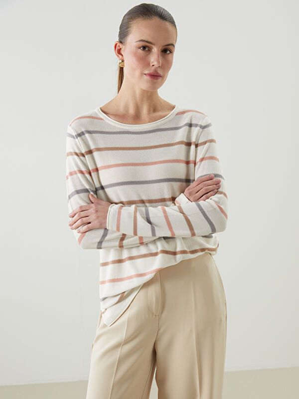 Moudda LC Waikiki - Pull tricot fin Femme Ecru rayé - Tunisie 1