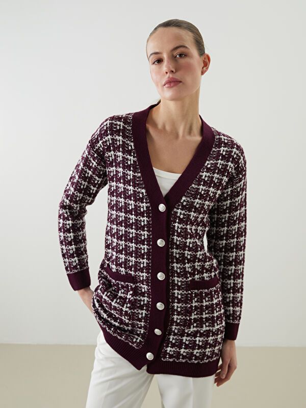 Moudda LC Waikiki - Cardigan tricot moyen Femme Jacquar de bordeaux - Tunisie 2