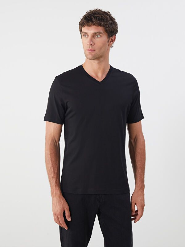 Moudda LC Waikiki - T-shirt jersey col V manches courtes Homme Noir - Tunisie 1