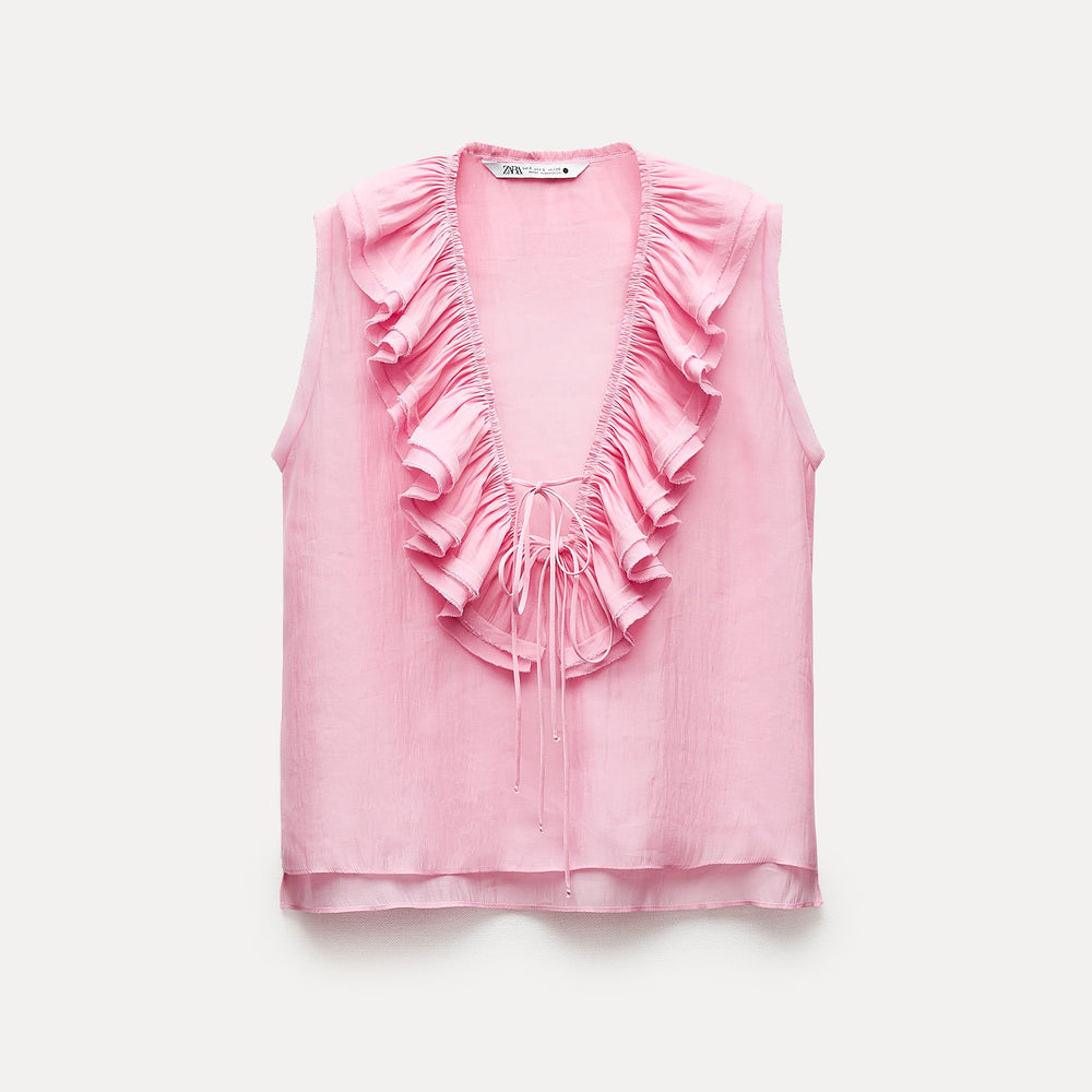 Moudda ZARA - Blouse romantique manches courtes petit nœud décolleté - Tunisie 2