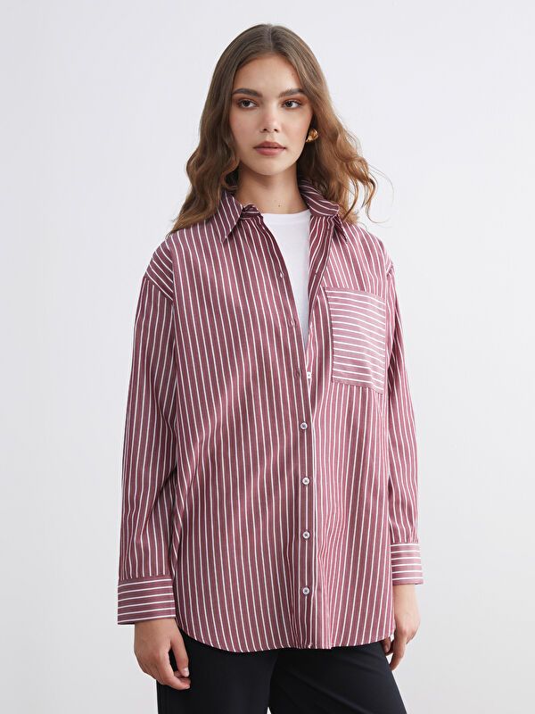 Moudda LC Waikiki - Tunique tissée manches longues Femme Rayures bordeaux - Tunisie 1