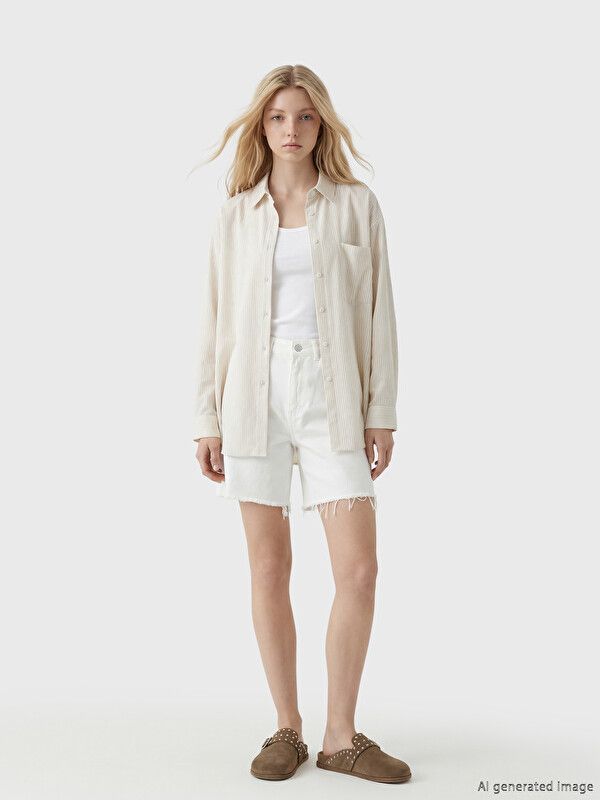 Moudda LC Waikiki - Chemise manches longues en tissu pour Femme couleur Beige clair rayé - Tunisie 2