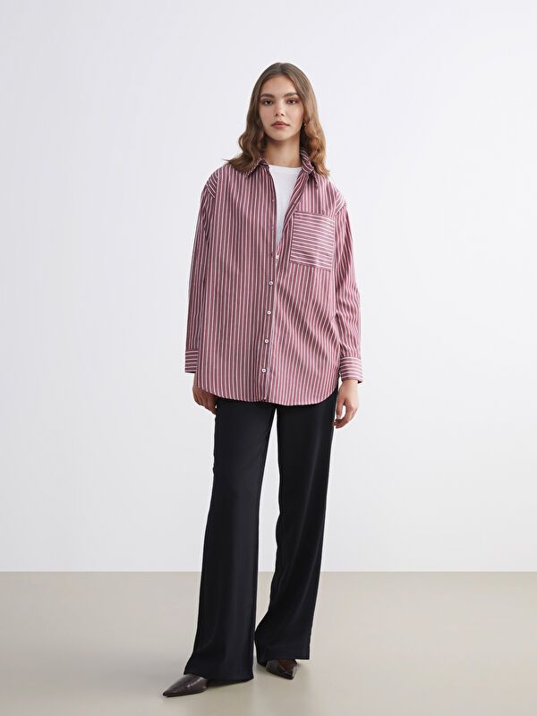 Moudda LC Waikiki - Tunique tissée manches longues Femme Rayures bordeaux - Tunisie 2