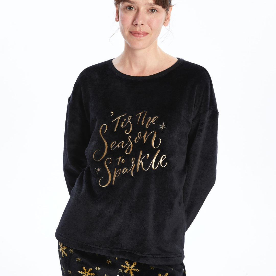 Moudda LC Waikiki - Pyjama en jersey manches longues épais Femme Imprimé en noir - Tunisie 2