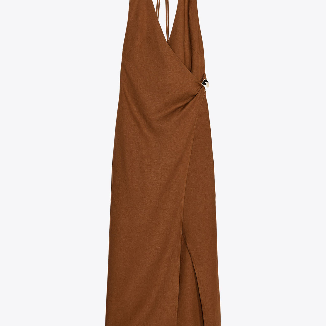 Moudda ZARA - Robe Midi - Encolure Croisée & Boucle Latérale Lin Stretch - Tunisie 1