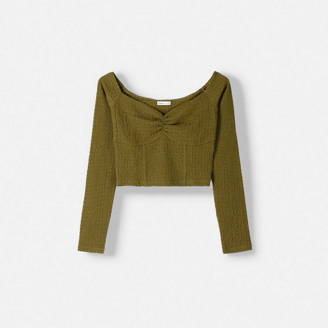 Moudda BERSHKA - T-shirt Manches Longues Col V Gaufré - Tunisie 1