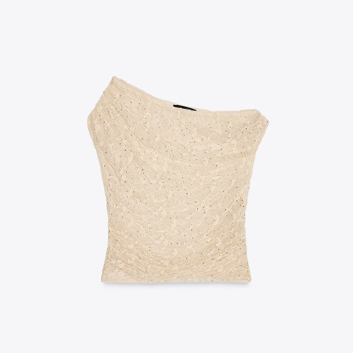 Moudda ZARA - Top Manches Courtes - Drapé, Dentelle & Strass - Tunisie 1