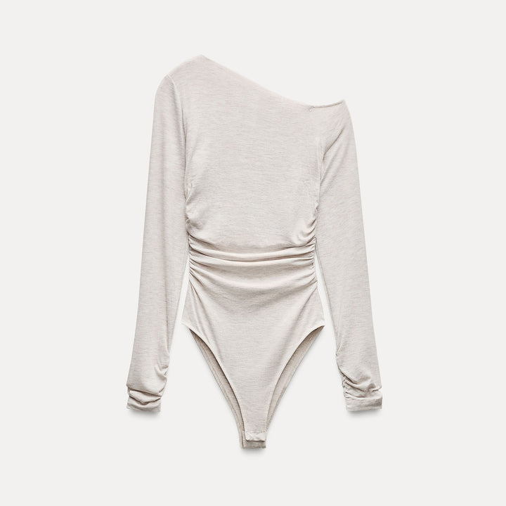 Moudda ZARA - Beige Vigo – body toucher doux encolure asymétrique froncé - Tunisie 1