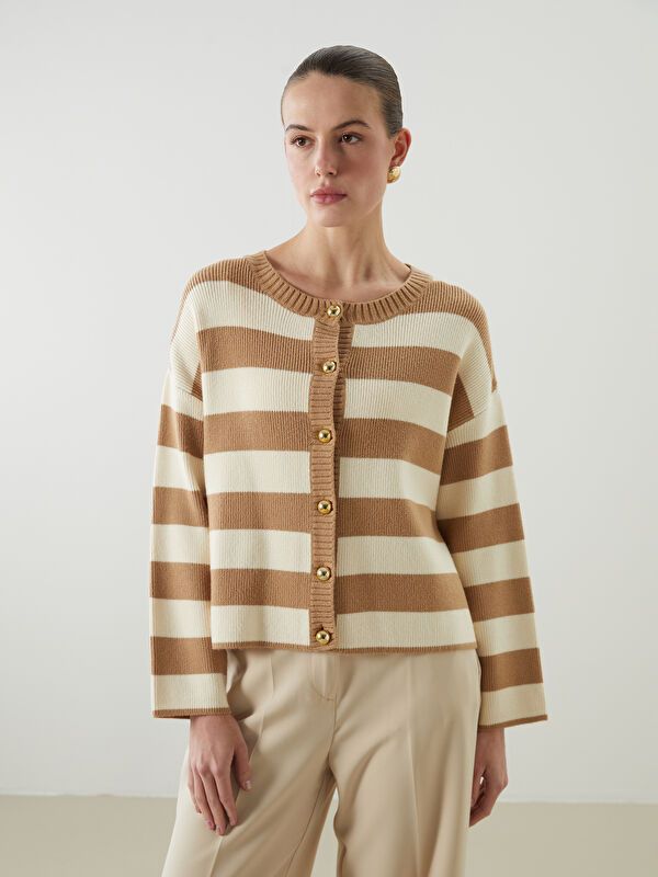 Moudda LC Waikiki - Cardigan tricot moyen Femme Rayures beiges - Tunisie 1