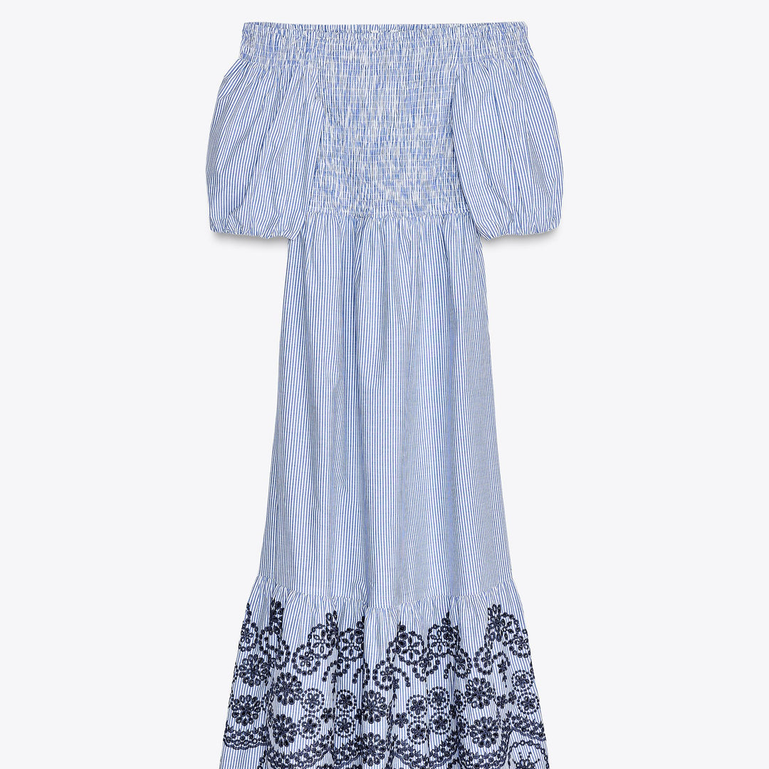 Moudda ZARA - Robe Midi - Rayure, Broderie Suisse, Off-Shoulder & Manches Bouffantes - Tunisie 1
