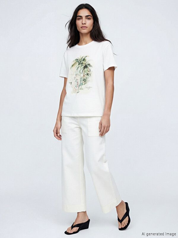 Moudda LC Waikiki - Body imprimé manches courtes en jersey pour Femme couleur Écru - Tunisie 2