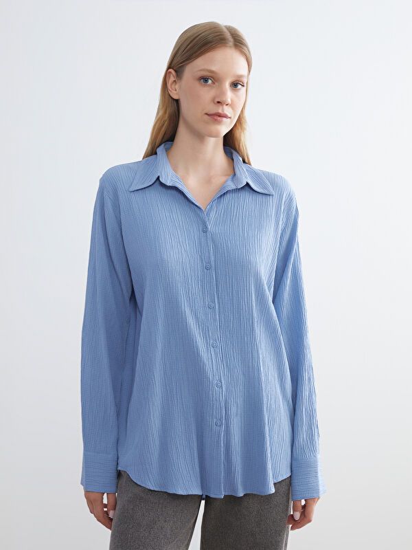 Moudda LC Waikiki - Chemise tissée manches longues Femme Bleu - Tunisie 1