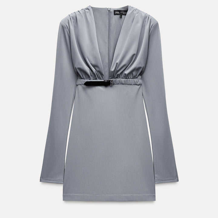 Moudda ZARA - Robe courte en maille, décolleté en V drapé, ceinturée - Tunisie 2