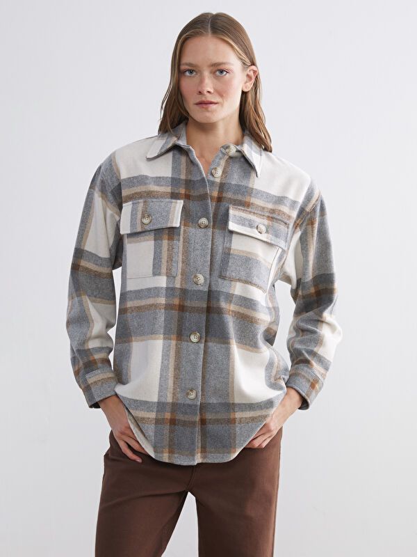 Moudda LC Waikiki - Chemise tissée maternité manches longues Femme A carreaux bruns - Tunisie 1