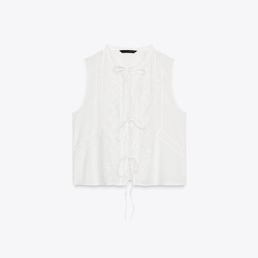 Moudda ZARA - Top Voile - Manches Courtes, Broderies & Nœuds Devant - Tunisie 1