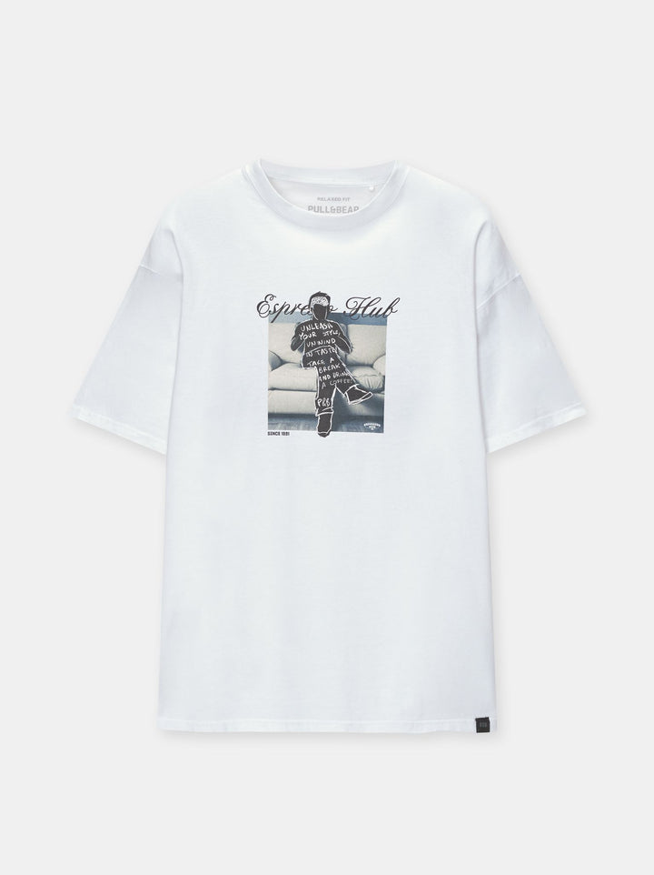 Moudda PULL & BEAR - T-Shirt Demi-Manches Blanc P&B Café Brodé Dos et Devant - Tunisie 2