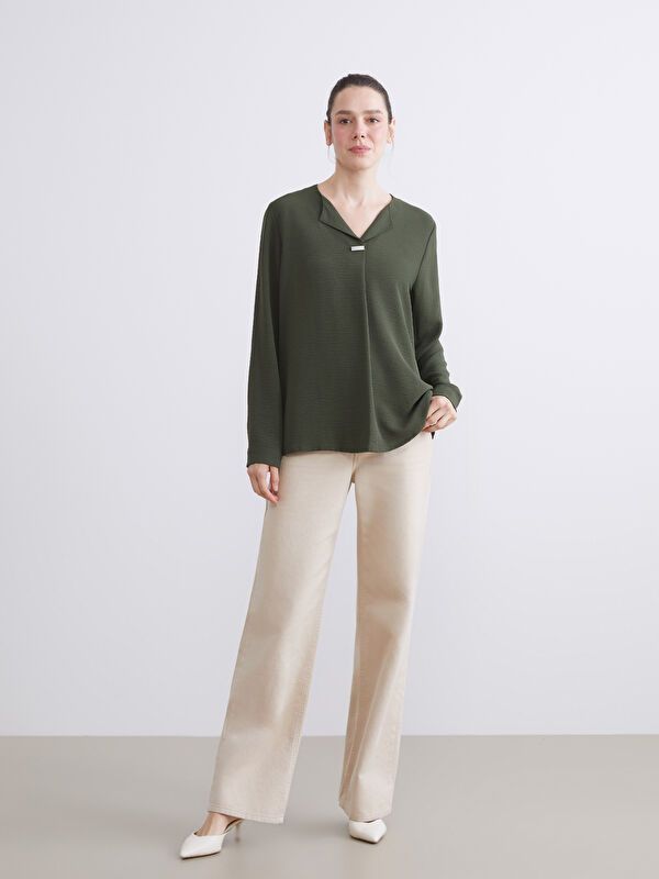 Moudda LC Waikiki - Blouse tissée manches longues Femme Kaki foncé - Tunisie 2