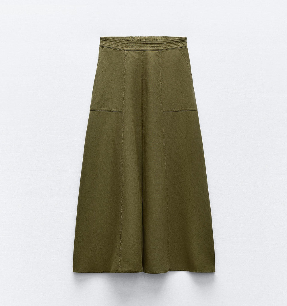 Moudda ZARA - Jupe mi-longue en lin/viscose, ceinture surpiquée, poches - Tunisie 2