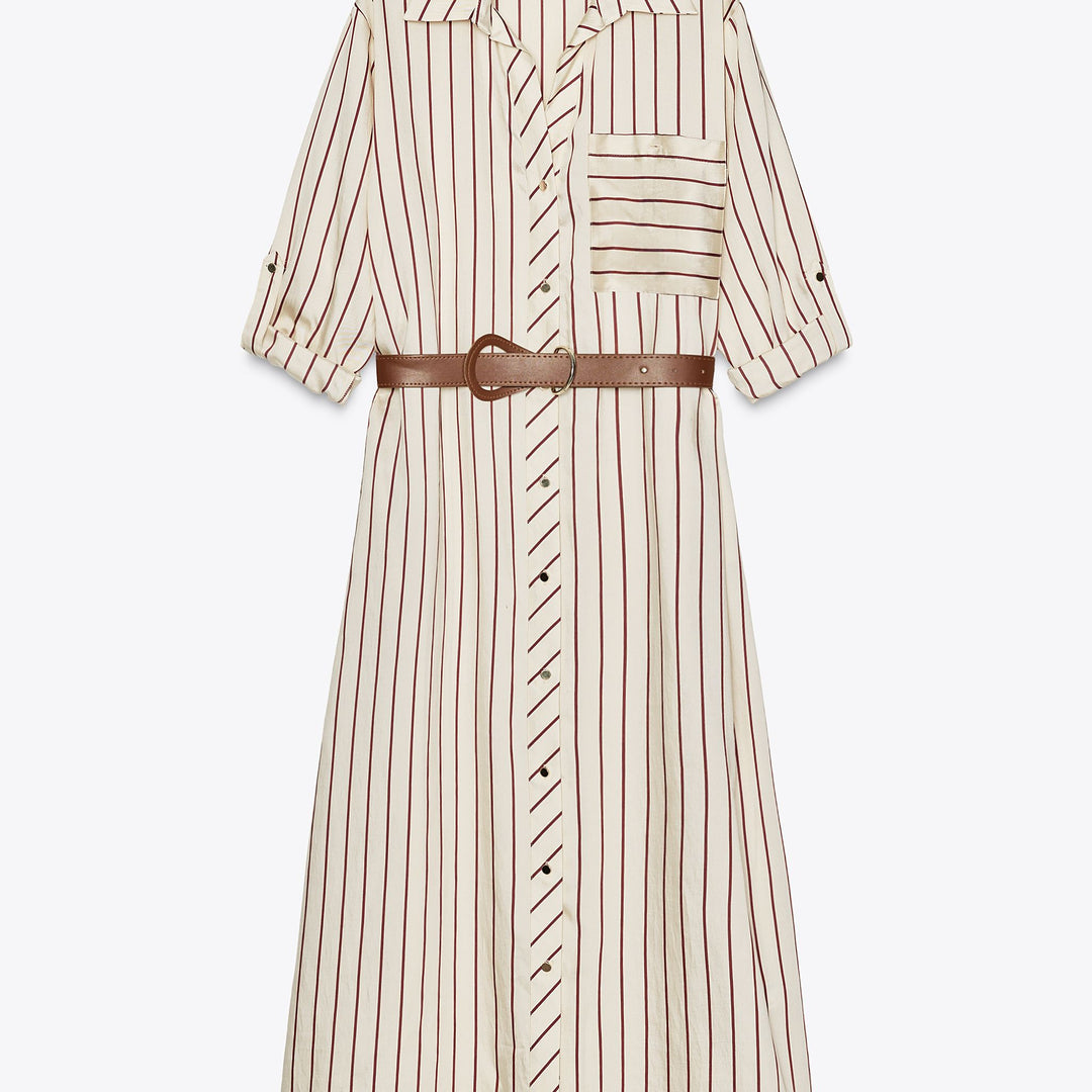 Moudda ZARA - Robe Midi Tencel - Rayure Verticale & Ceinture - Tunisie 1